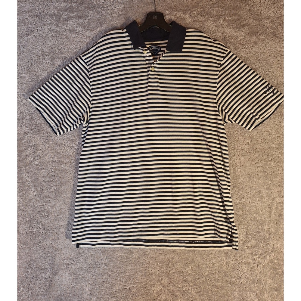 Callaway Golf Sport Mens Large Striped Polo Shirt Navy Blue White Short Sleeve